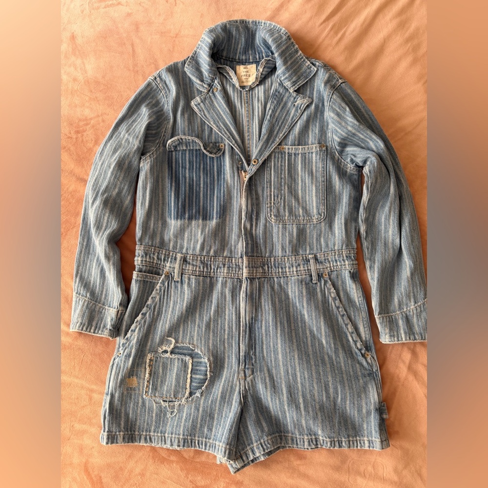 Free People Striped Denim Romper in Light Blue